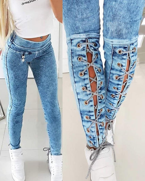 Solid Color Lace-up Skinny Jeans